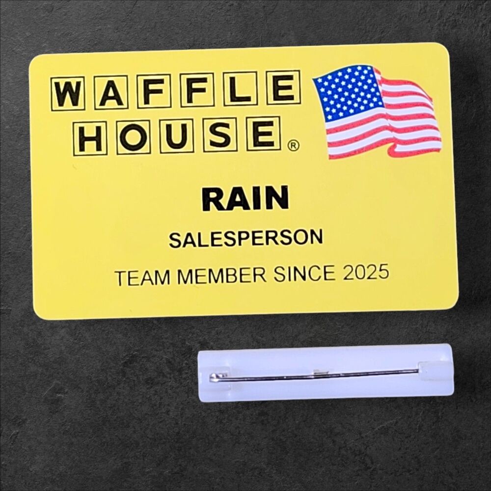 Waffle House RAIN Name Tag Yellow Logo Employee Badge Uniform Pin Memorabilia